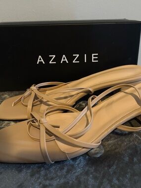 Azazie Strappy Square-Toe Heels in Beige